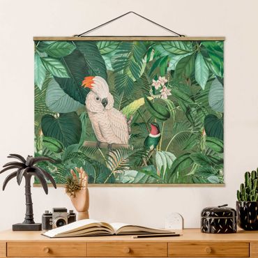 Fabric print with poster hangers - Vintage Collage - Kakadu And Hummingbird