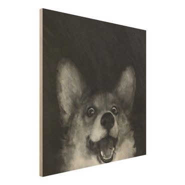 Print on wood - Illustration Dog Corgi Paintig Black And White