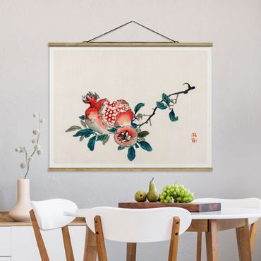 Fabric print with poster hangers - Asian Vintage Drawing Pomegranate
