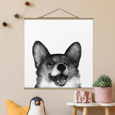 Fabric print with poster hangers - Illustration Dog Corgi Black And White Painting