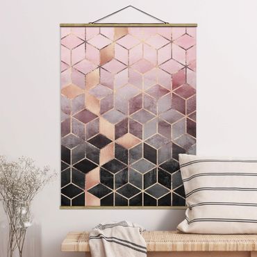 Fabric print with poster hangers - Pink Grey Golden Geometry