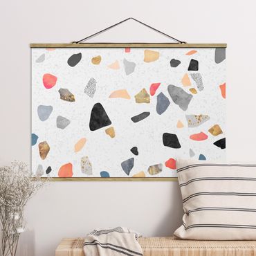 Fabric print with poster hangers - White Terrazzo With Gold Stones
