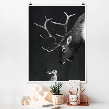 Poster - Illustration Deer And Rabbit Black And White Drawing