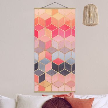 Fabric print with poster hangers - Colourful Pastel Golden Geometrie