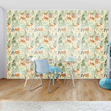 Sliding panel curtain - Hedgehog And Fox With Trees Green