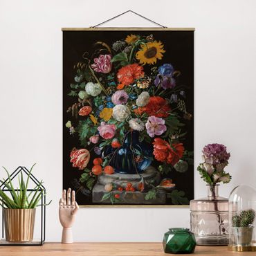 Fabric print with poster hangers - Jan Davidsz de Heem - Tulips, a Sunflower, an Iris and other Flowers in a Glass Vase on the Marble Base of a Column