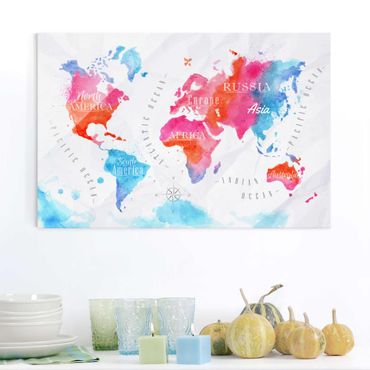 Glass print - World Map Watercolour Red Blue