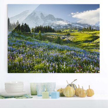 Glass print - Mountain Meadow With Flowers In Front Of Mt. Rainier