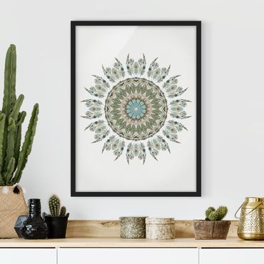 Framed poster - Mandala WaterColours Feathers Hand Painted Blue Green