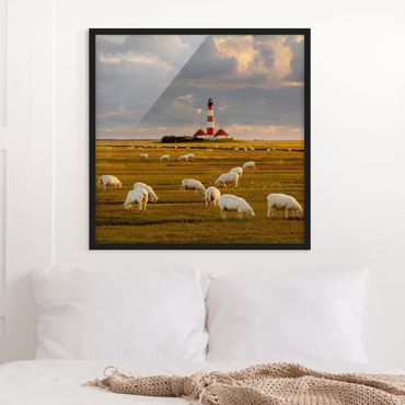 Framed poster - North Sea Lighthouse With Flock Of Sheep