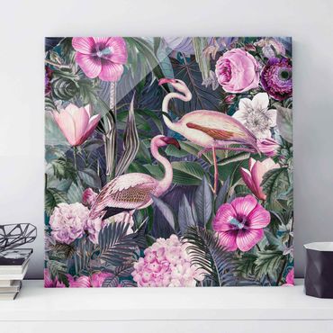 Glass print - Colourful Collage - Pink Flamingos In The Jungle