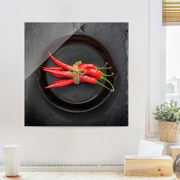 Glass print - Red Chili Bundles In Pan On Slate
