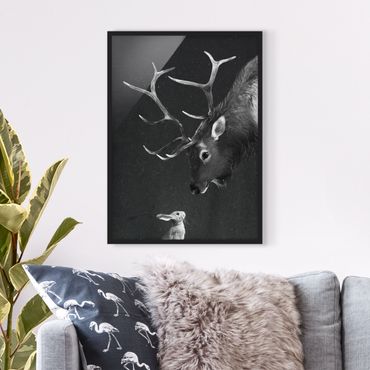 Framed poster - Illustration Deer And Rabbit Black And White Drawing