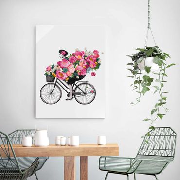 Glass print - Illustration Woman On Bicycle Collage Colourful Flowers