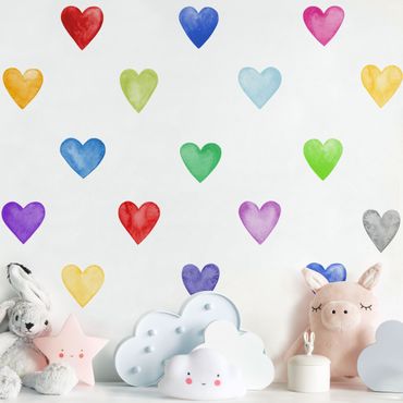 Wall sticker - 35 Watercolour Hearts Different Colours