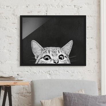 Framed poster - Illustration Cat Black And White Drawing