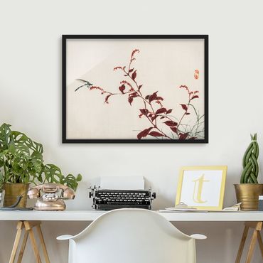 Framed poster - Asian Vintage Drawing Red Branch With Dragonfly