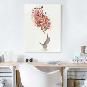 Glass print - Illustration Cat With Colourful Butterflies Painting