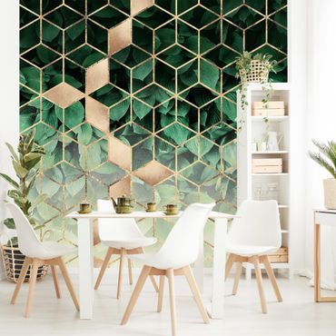 Wallpaper - Green Leaves Golden Geometry