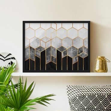 Framed poster - Golden Hexagons Black And White
