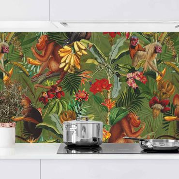 Kitchen wall cladding - Tropical Flowers With Monkeys