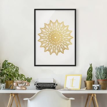 Framed poster - Mandala Sun Illustration White Gold