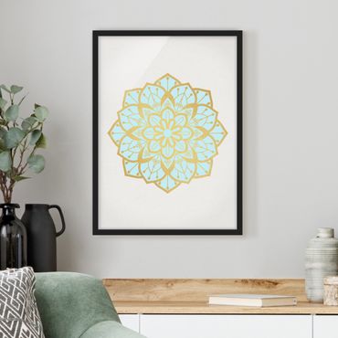 Framed poster - Mandala Illustration Flower Light Blue Gold