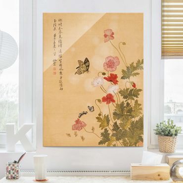 Glass print - Yuanyu Ma - Poppy Flower And Butterfly