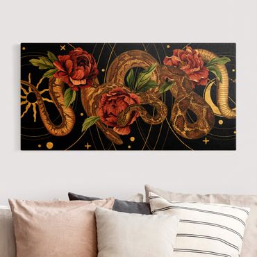 Canvas print gold - Snakes With Roses On Black And Gold I