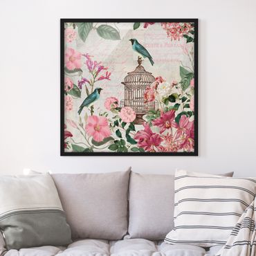 Framed poster - Shabby Chic Collage - Pink Flowers And Blue Birds