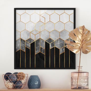 Framed poster - Golden Hexagons Black And White