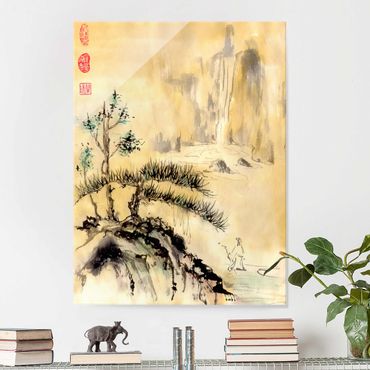 Glass print - Japanese Watercolour Drawing Cedars And Mountains