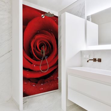 Shower wall cladding - Red Rose With Water Drops