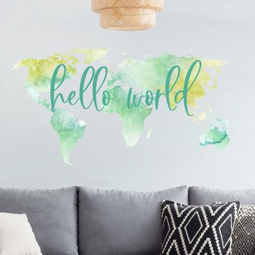 Wall sticker - Watercolor world map turquoise with desired text