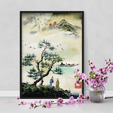 Framed poster - Japanese Watercolour Drawing Pine And Mountain Village