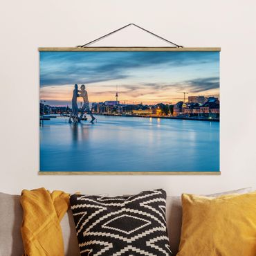 Fabric print with poster hangers - Skyline Of Berlin With Molecule Man - Landscape format 3:2