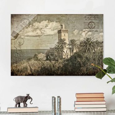 Glass print - Vintage Postcard With Lighthouse And Palm Trees