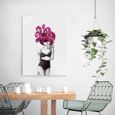 Glass print - Illustration Woman In Underwear Black And White Octopus