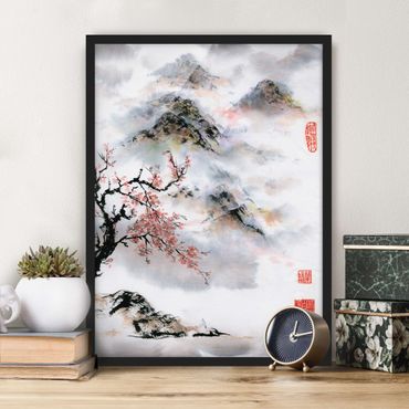 Framed poster - Japanese Watercolour Drawing Cherry Tree And Mountains