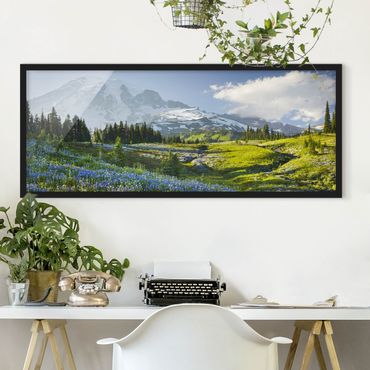 Framed poster - Mountain Meadow With Blue Flowers in Front of Mt. Rainier