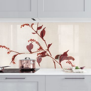 Kitchen wall cladding - Asian Vintage Drawing Red Branch With Dragonfly