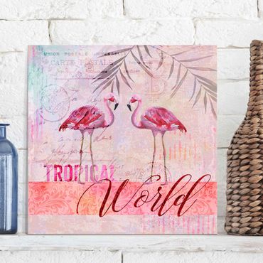 Glass print - Vintage Collage - Tropical World Flamingos