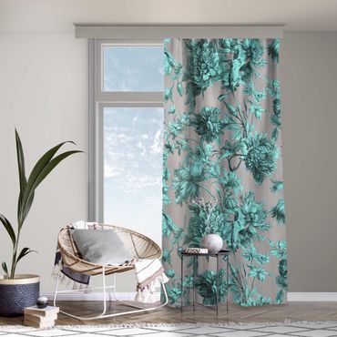 Curtain - Floral Copper Engraving Turquoise Grey