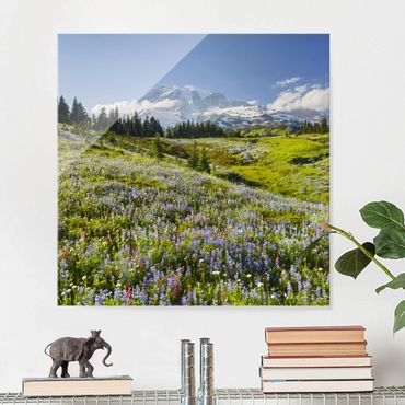 Glass print - Mountain Meadow With Flowers In Front Of Mt. Rainier