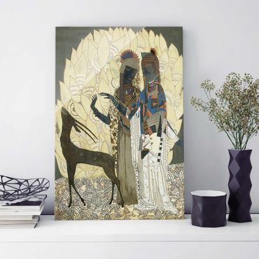 Glass print - Jean Dunand - Two stylized Women with an Antelope and Foliage