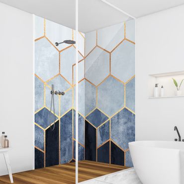 Shower wall cladding - Golden Hexagons Blue White