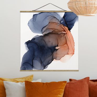 Fabric print with poster hangers - Drops Of Ocean Blue And Orange With Gold - Square 1:1