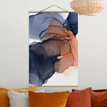 Fabric print with poster hangers - Drops Of Ocean Blue And Orange With Gold - Portrait format 2:3