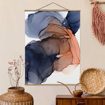 Fabric print with poster hangers - Drops Of Ocean Blue And Orange With Gold - Portrait format 3:4