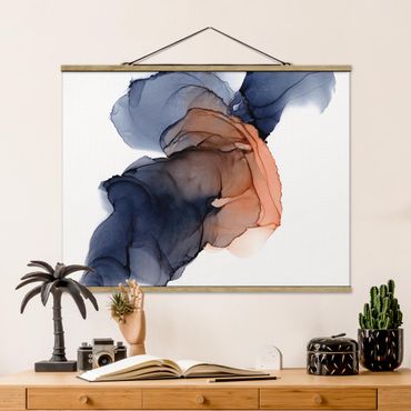 Fabric print with poster hangers - Drops Of Ocean Blue And Orange With Gold - Landscape format 4:3
